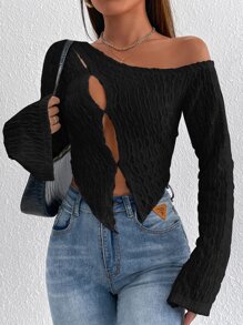 SHEIN PETITE Cut Out Asymmetrical Neck Split Cuff Crop Tee - Black - View 3