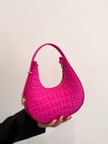 螢光紅鱷魚壓紋流浪包時髦女士人造皮革單肩包流行素色腋下包帶拉鍊新月設計 - 玫紅色 - 查看 7