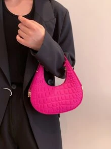 螢光紅鱷魚壓紋流浪包時髦女士人造皮革單肩包流行素色腋下包帶拉鍊新月設計 - 玫紅色 - 查看 2