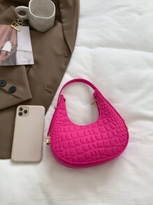 螢光紅鱷魚壓紋流浪包時髦女士人造皮革單肩包流行素色腋下包帶拉鍊新月設計 - 玫紅色 - 查看 4