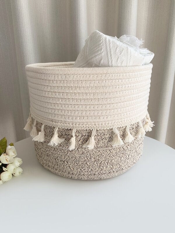 1pc/2pcs Woven Tasseled Storage Basket, Desktop Decor Organizer Basket, Suitable For Toys, Cosmetics, Bedroom, Bathroom