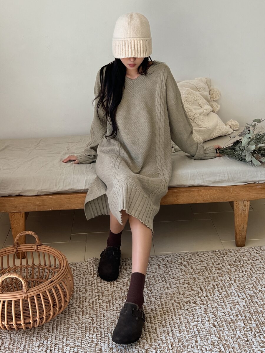 DAZY Drop Shoulder Split Hem Jumper Dress - Khaki - View 1