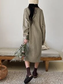 DAZY Drop Shoulder Split Hem Jumper Dress - Khaki - View 2