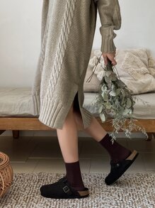 DAZY Drop Shoulder Split Hem Jumper Dress - Khaki - View 3