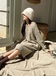 DAZY Drop Shoulder Split Hem Jumper Dress - Khaki - View 4