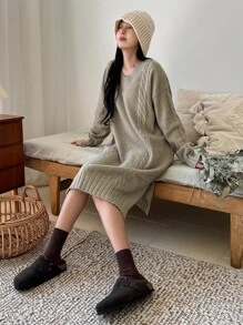 DAZY Drop Shoulder Split Hem Jumper Dress - Khaki - View 6