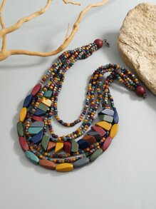 撞色木頭串珠多層次項鍊 - 彩色 - 查看 2