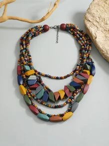 撞色木頭串珠多層次項鍊 - 彩色 - 查看 3
