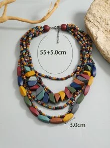 撞色木頭串珠多層次項鍊 - 彩色 - 查看 4