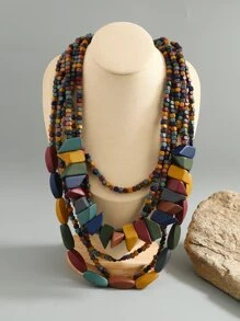 撞色木頭串珠多層次項鍊 - 彩色 - 查看 5
