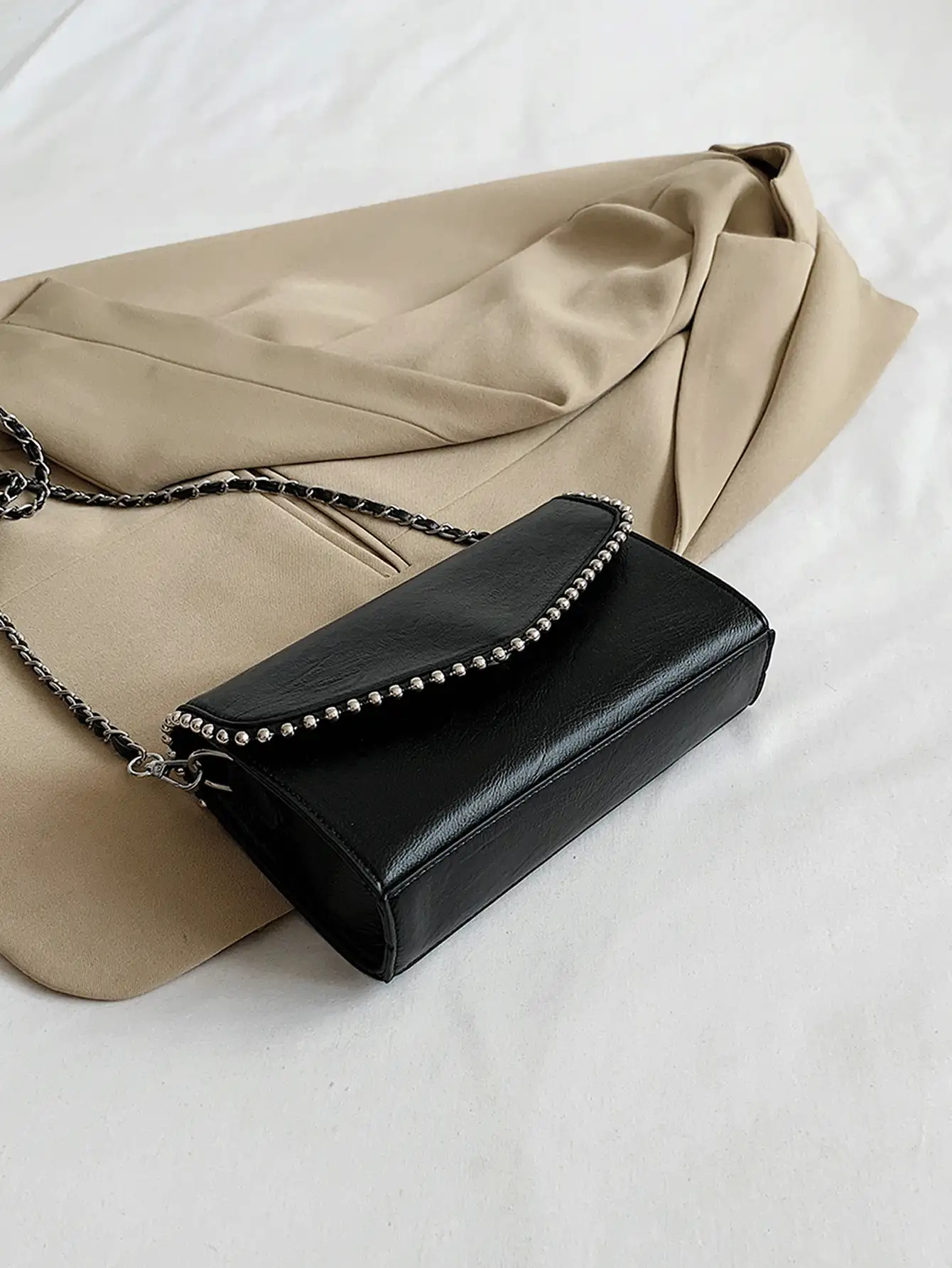 Bead Decor Flap Chain Square Bag, Street & Japanese Bag For Women , Y2k - Black - View 5