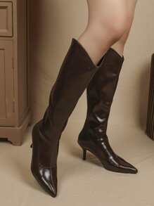 2025 New Fashion Pointed Toe Knee-High Riding Boots, High Heel Boots For Women, Goes Well With Coats In Autumn/Winter,Kitten Heel Boots,Party - Chocolate Brown - View 2
