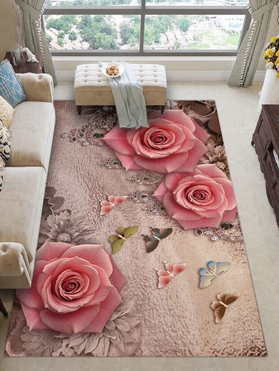 1pc Butterfly & Floral Pattern Rug, Romantic Floor Mat For Living Room, Bedroom ,Room Decor - Multicolor - View 1