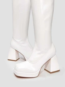 Cuccoo Square Toe Chunky Heeled Classic Boots - White - View 3