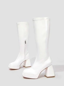 Cuccoo Square Toe Chunky Heeled Classic Boots - White - View 4