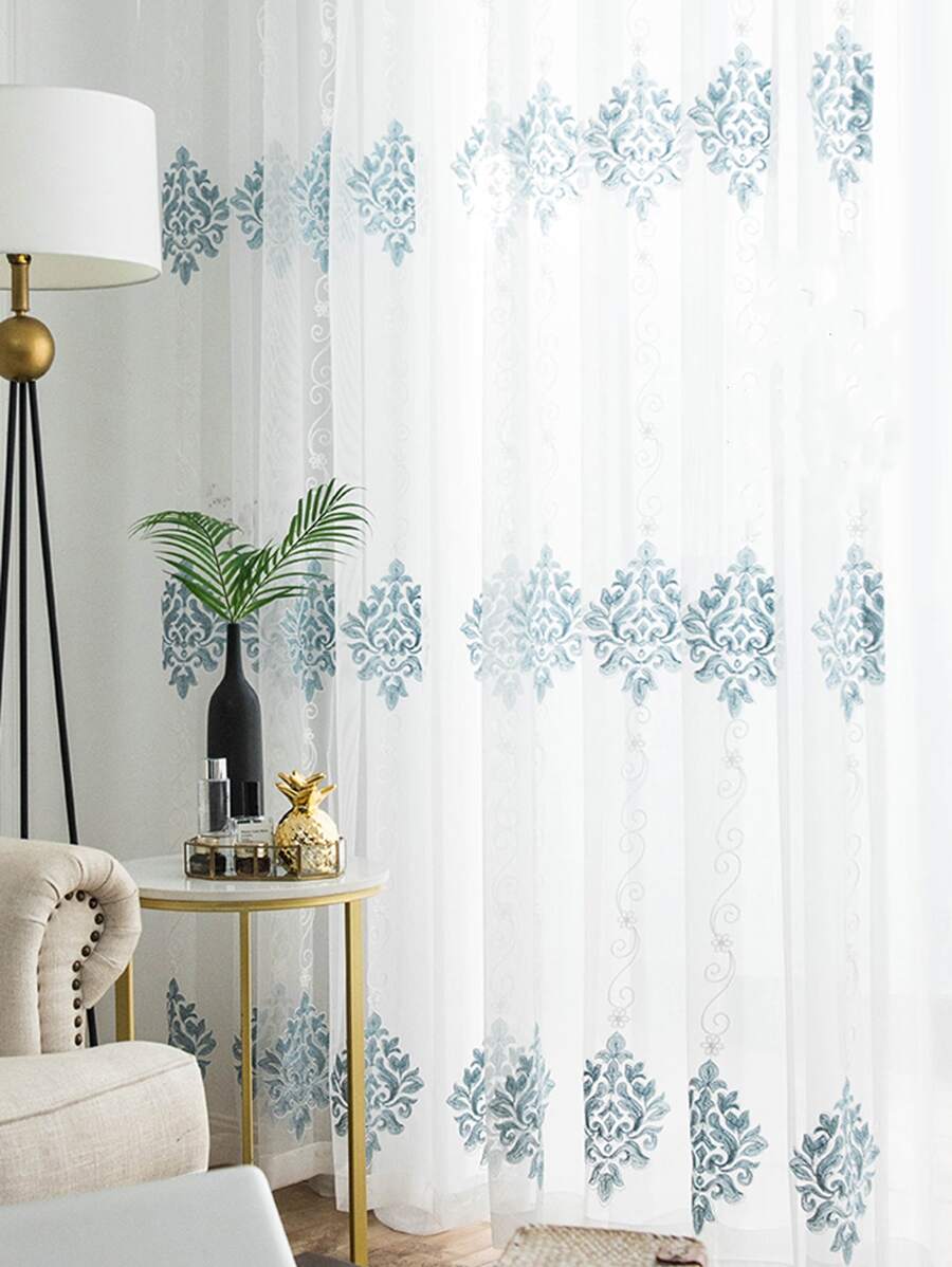 植物刺繡單片透視窗簾 - 藍白色 - 查看 1