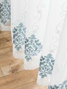 植物刺繡單片透視窗簾 - 藍白色 - 查看 4