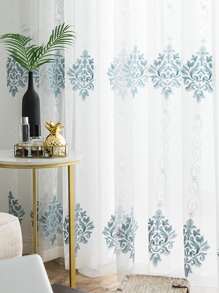 植物刺繡單片透視窗簾 - 藍白色 - 查看 5