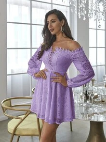 Double Crazy 女士纯色蕾丝露肩婚礼宾客礼服，适合所有季节