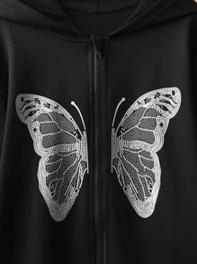 SHEIN Tween Girl Butterfly Print Drop Shoulder Zip Up Sweatshirt - Black - View 3