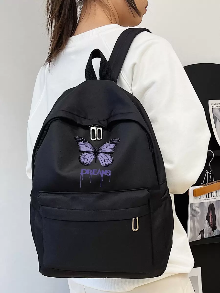 蝴蝶狼疮意识丝带旅行背包，男女轻便电脑笔记本电脑包背包蝴蝶图案经典背包，大学学校包，学校背包，学校用品，书包，学校书包，大背包，大容量，便携，轻便，适合青少年女孩、女士、大学生、男孩和男人、白领工作者，非常适合返校、开学第一天、中学、高中、大学、时尚蝴蝶包 - 黑色 - 查看 1