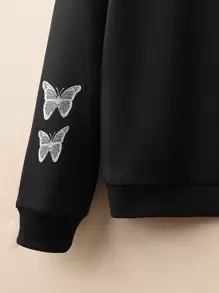 SHEIN Tween Girl Butterfly Print Drop Shoulder Zip Up Sweatshirt - Black - View 4