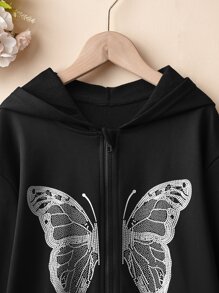 SHEIN Tween Girl Butterfly Print Drop Shoulder Zip Up Sweatshirt - Black - View 7