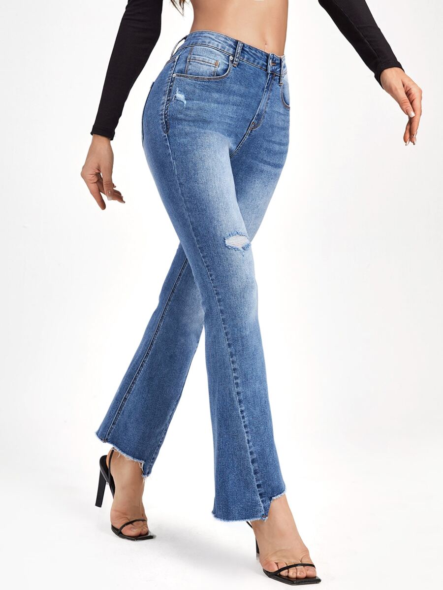 SHEINBlues Raw Hem Ripped Flare Jeans | SHEIN USA