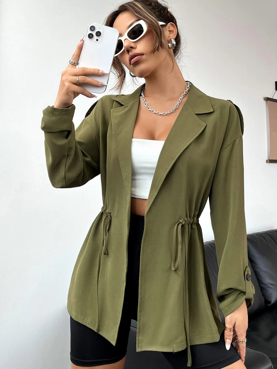 Lapel Neck Drawstring Waist Coat - Army Green - View 1