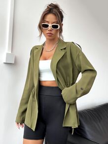 Lapel Neck Drawstring Waist Coat - Army Green - View 3