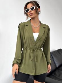 Lapel Neck Drawstring Waist Coat - Army Green - View 5