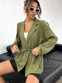 Lapel Neck Drawstring Waist Coat - Army Green - View 6