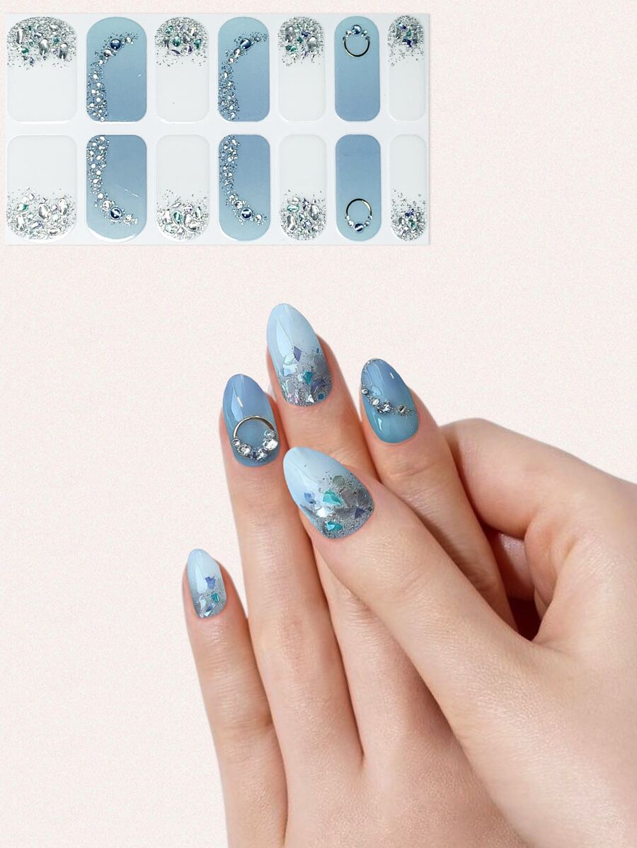 Miếng dán móng tay giả đá cẩm thạch đính đá 3D mới, màu xanh mờ. - Nhiều màu - Xem 1