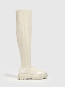 CUCCOO BASICS Women Shoes Fashion Knit Detail Slip Over Knee On White Sock Boots - Beige - View 5