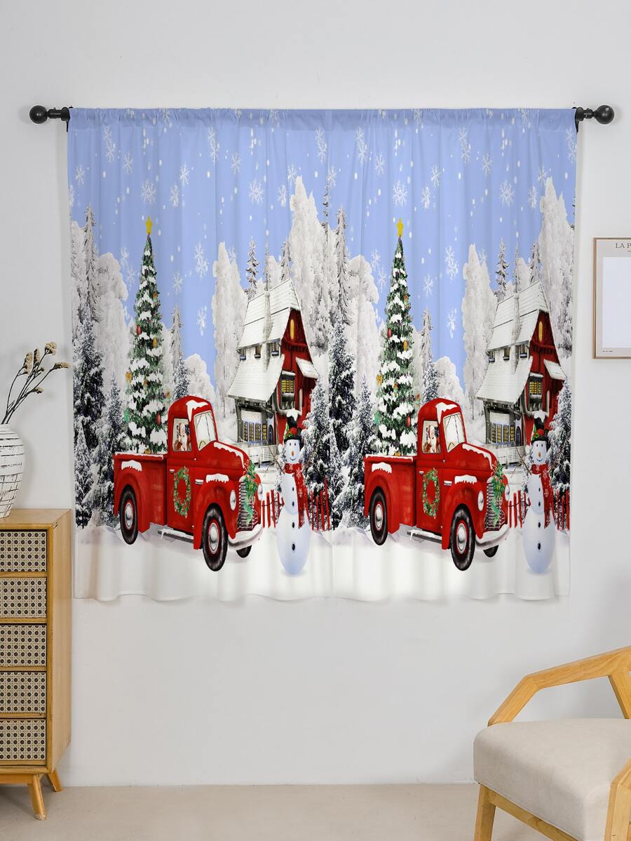 Christmas Car & Tree Print Single Panel Curtain - Multicolor - View 1