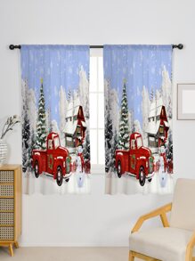Christmas Car & Tree Print Single Panel Curtain - Multicolor - View 2