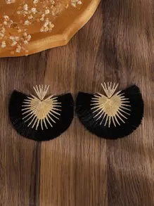 1pair Personalized Western Style Vintage Exaggerated & Minimalist Heart & Fan-Shaped Tassel Dangle Earrings, Suitable For Women Daily Party Wear And Festival Gift Giving Valentines - Black - View 2