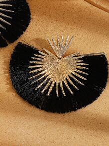 1pair Personalized Western Style Vintage Exaggerated & Minimalist Heart & Fan-Shaped Tassel Dangle Earrings, Suitable For Women Daily Party Wear And Festival Gift Giving Valentines - Black - View 3