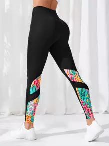 Yoga Trendy 豹紋印花收復運動打底褲 - 黑色 - 查看 1