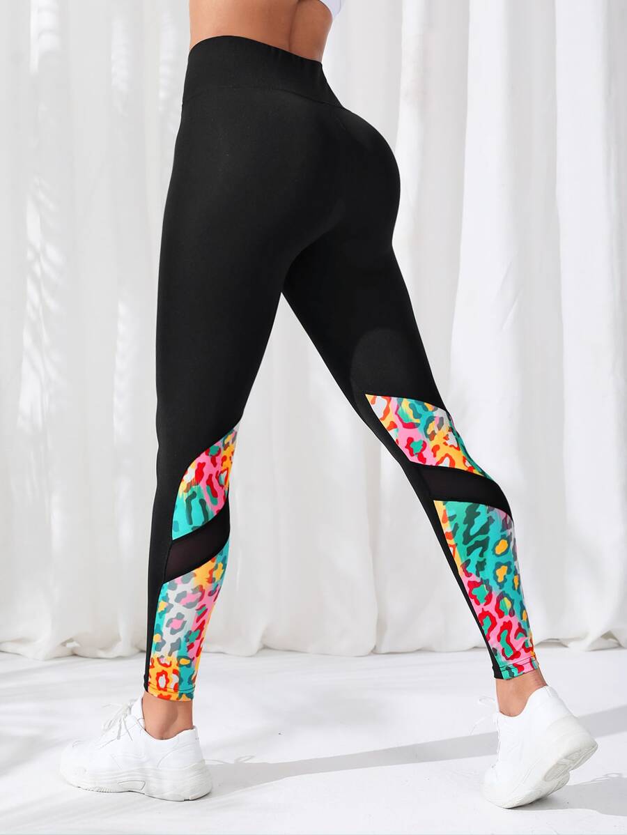 Yoga Trendy 豹紋印花收復運動打底褲 - 黑色 - 查看 1