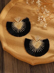 1pair Personalized Western Style Vintage Exaggerated & Minimalist Heart & Fan-Shaped Tassel Dangle Earrings, Suitable For Women Daily Party Wear And Festival Gift Giving Valentines - Black - View 5
