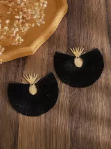 1pair Personalized Western Style Vintage Exaggerated & Minimalist Heart & Fan-Shaped Tassel Dangle Earrings, Suitable For Women Daily Party Wear And Festival Gift Giving Valentines - Black - View 6