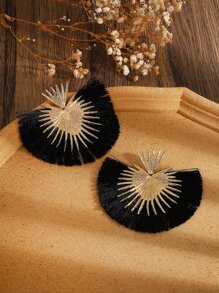 1pair Personalized Western Style Vintage Exaggerated & Minimalist Heart & Fan-Shaped Tassel Dangle Earrings, Suitable For Women Daily Party Wear And Festival Gift Giving Valentines - Black - View 7