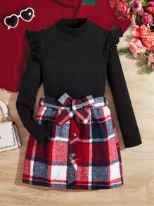 SHEIN 女孩羅紋針織荷葉邊T恤和格紋印花腰帶半身裙