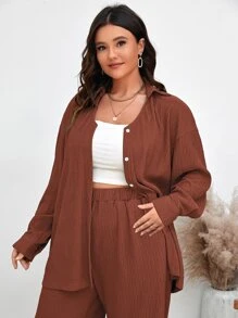 SHEIN Essnce 大碼落肩袖襯衫和闊腿褲 - 鏽棕色 - 查看 2