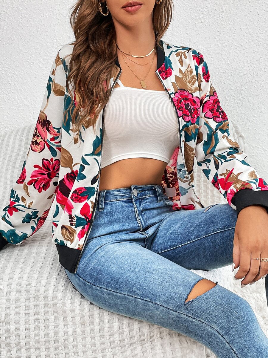 SHEIN Tall Floral Print Zip Up Bomber Jacket - Multicolor - View 1