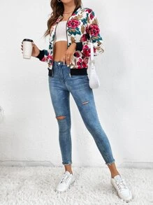 SHEIN Tall Floral Print Zip Up Bomber Jacket - Multicolor - View 3