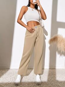 Muchica Letter Patched Drawstring Waist Joggers - Khaki - View 3