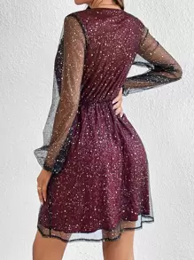 SHEIN Tall Contrast Mesh Overlap Collar Lantern Sleeve Glitter Dress