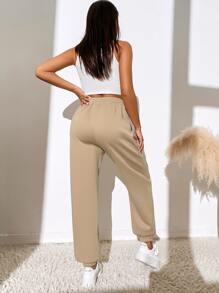 Muchica Letter Patched Drawstring Waist Joggers - Khaki - View 6